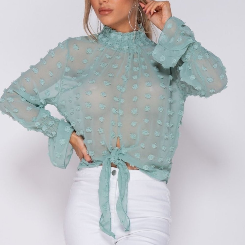 Dobby Shirred High Neck Long Sleeve Blouse Size M